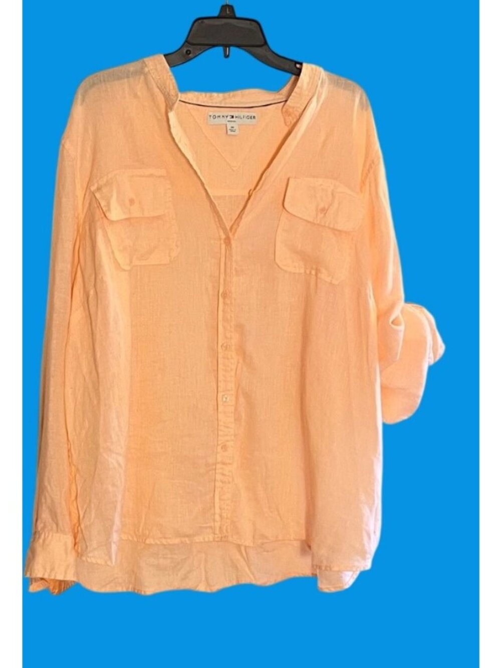 Tommy Hilfiger Womens 22 Peach Linen Long Sleeve Button-Down Shirt Front Pockets